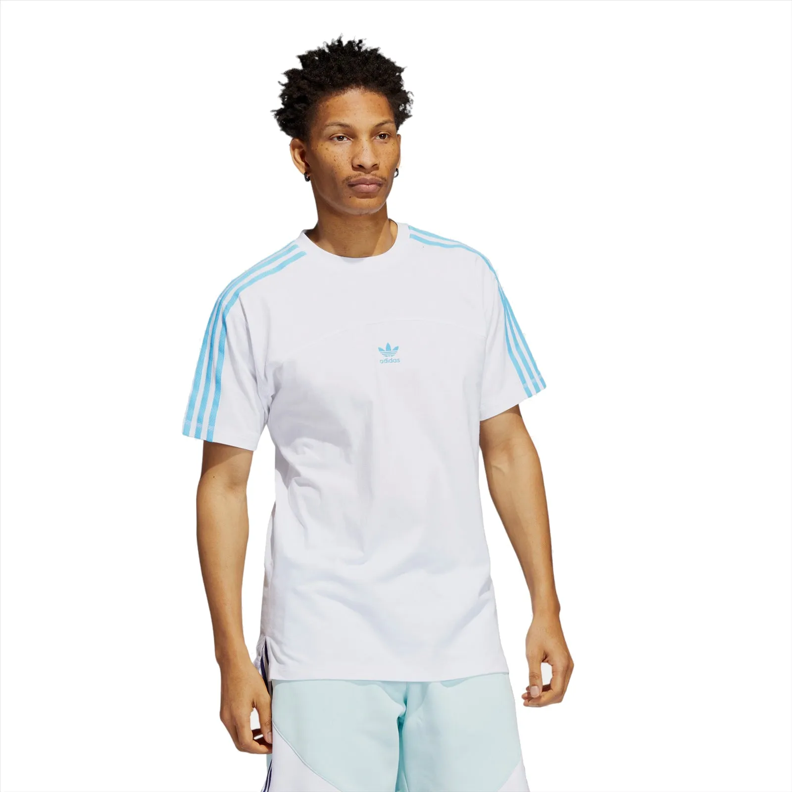 Adidas Originals Men's Blocked 3-Stripes Tee, White/Sky Rush