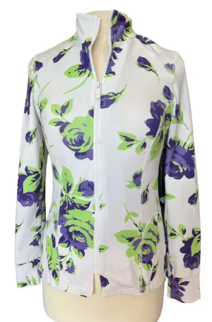 Beth Depass Purple Roses on White Full-Zup Jacket Size XS MSP$150
