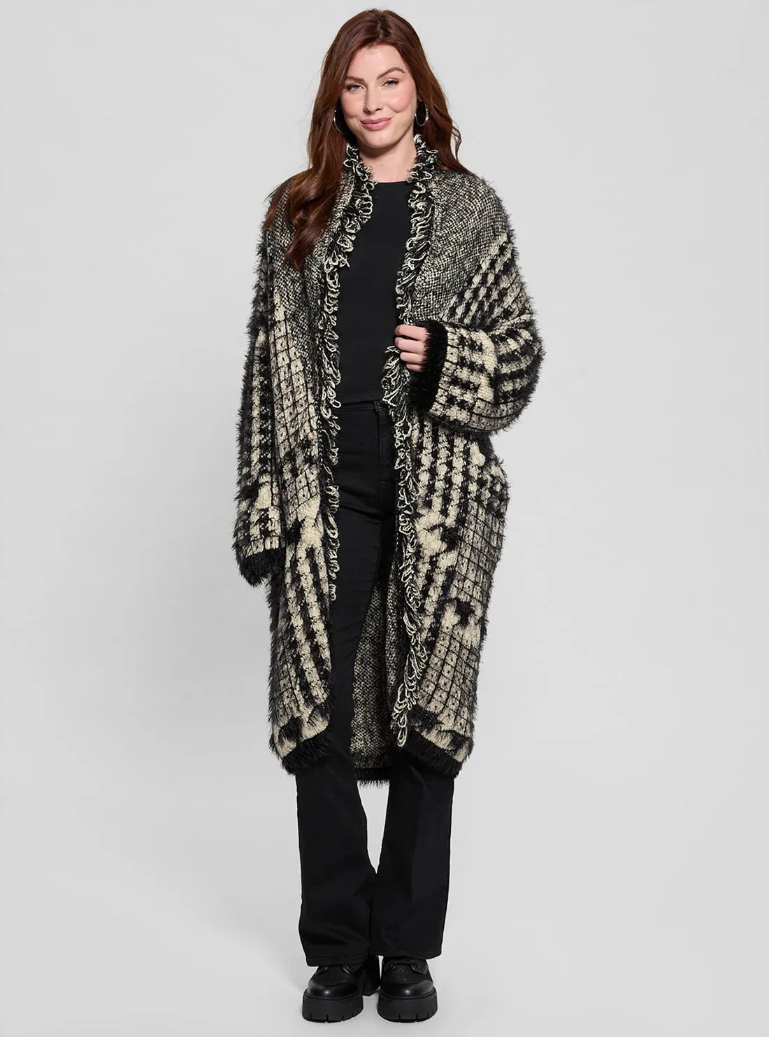 Black Print Fringed Patchwork Cardigan Guess