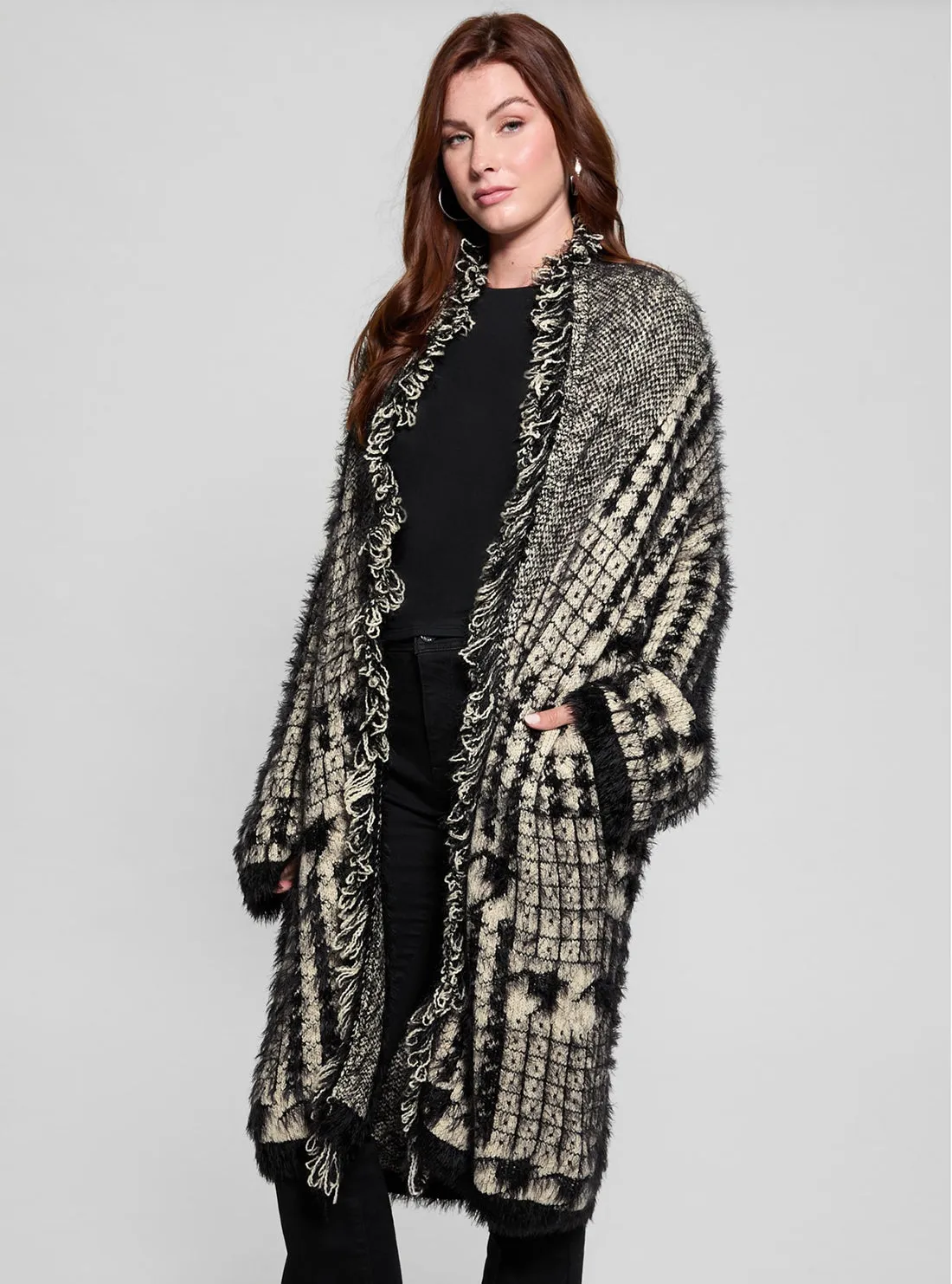 Black Print Fringed Patchwork Cardigan Guess