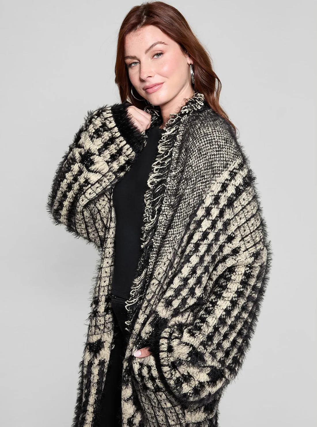 Black Print Fringed Patchwork Cardigan Guess