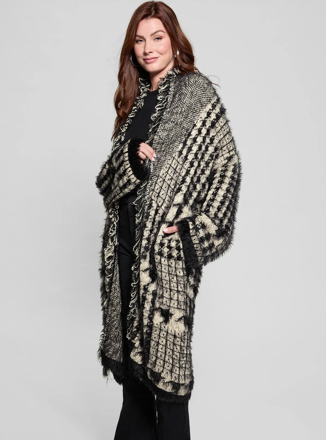 Black Print Fringed Patchwork Cardigan Guess