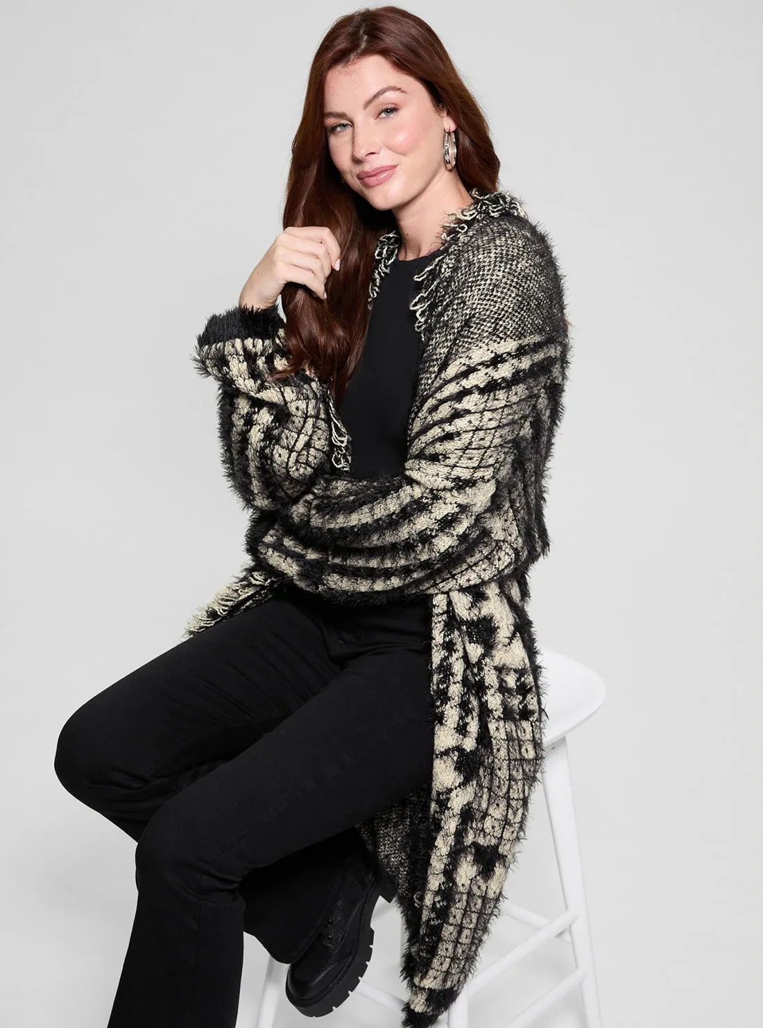 Black Print Fringed Patchwork Cardigan Guess