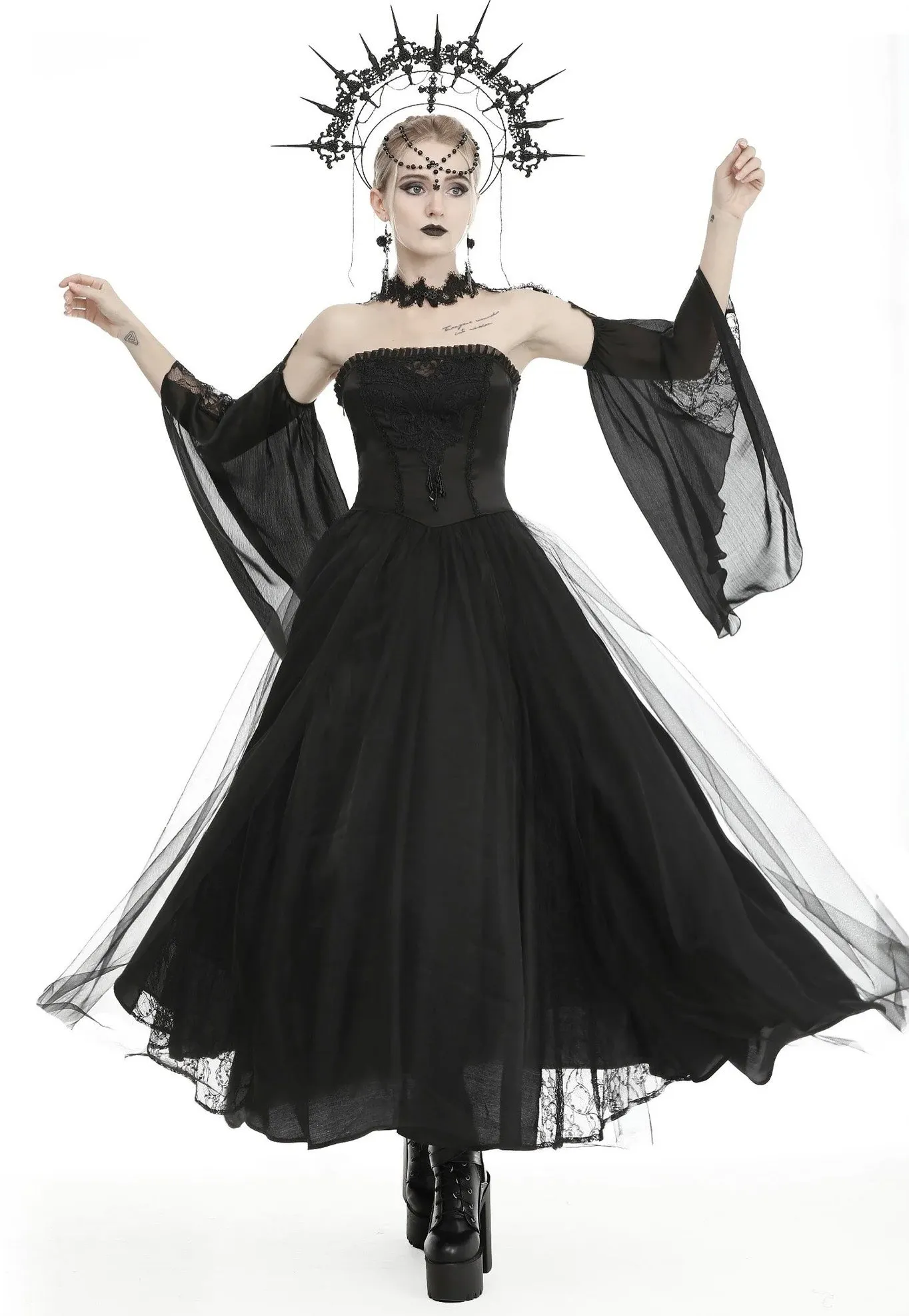 Dark In Love - Gorgeous Beaded Tulle Maxi Gothic Wedding Black - Dress