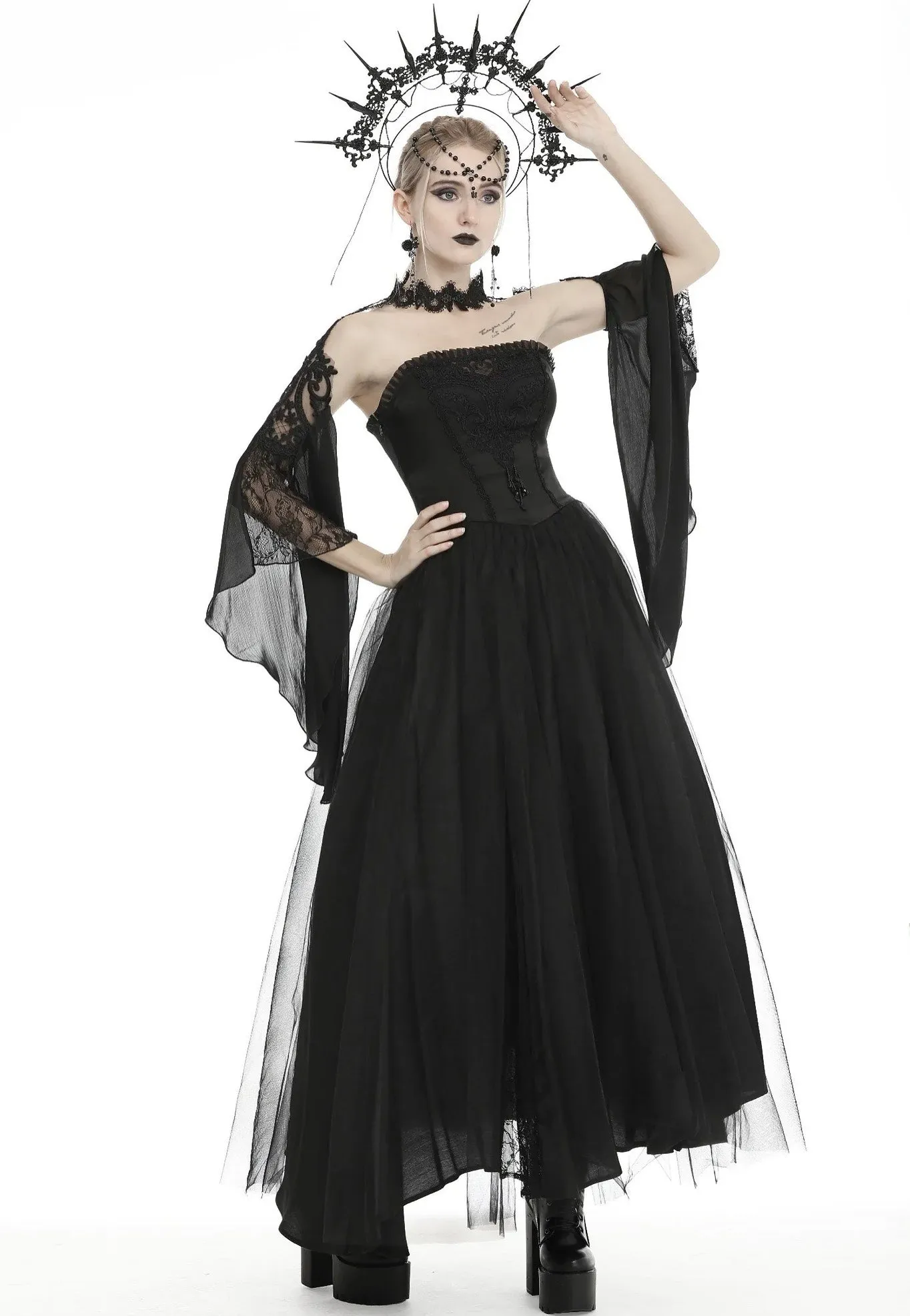 Dark In Love - Gorgeous Beaded Tulle Maxi Gothic Wedding Black - Dress