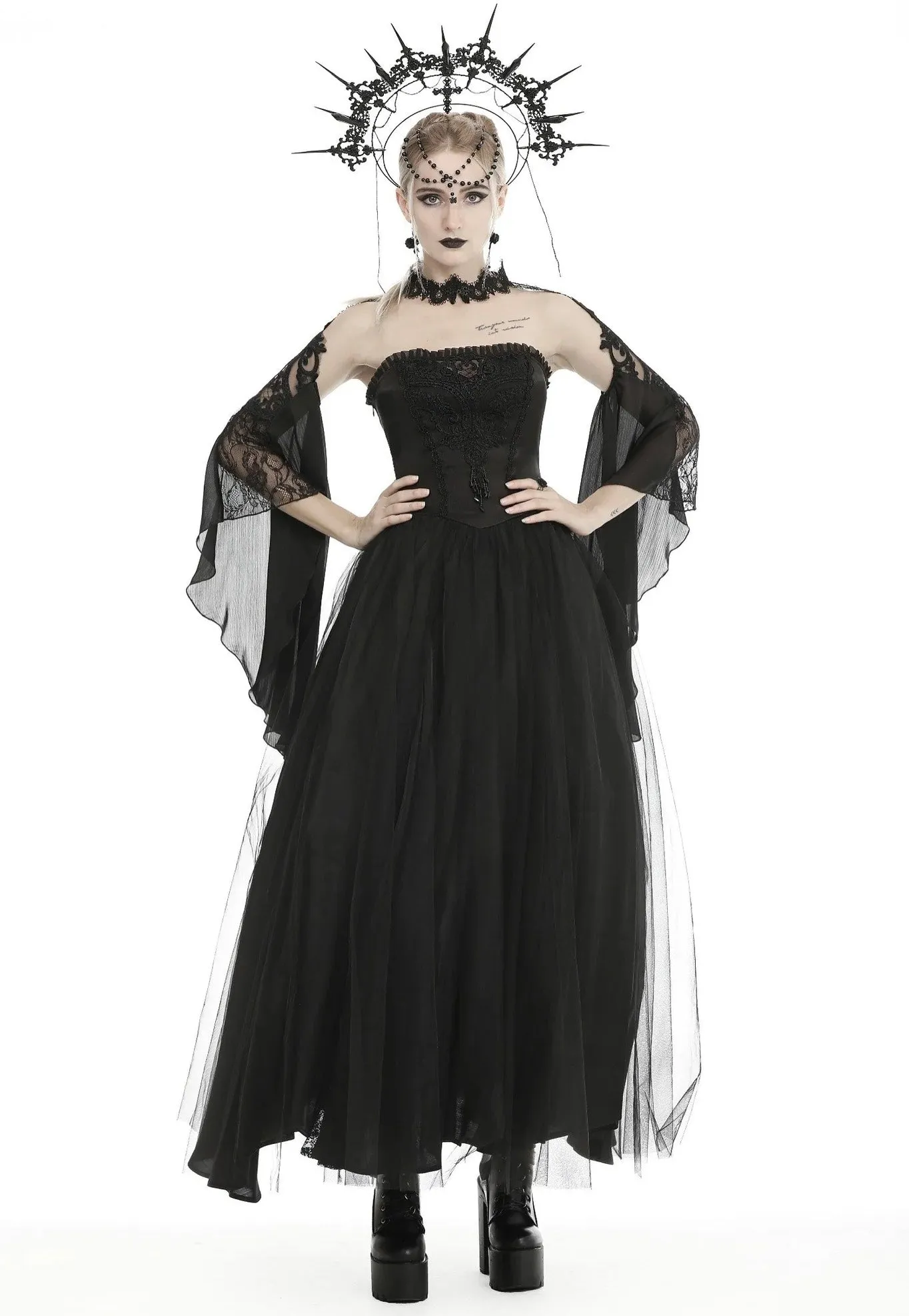 Dark In Love - Gorgeous Beaded Tulle Maxi Gothic Wedding Black - Dress