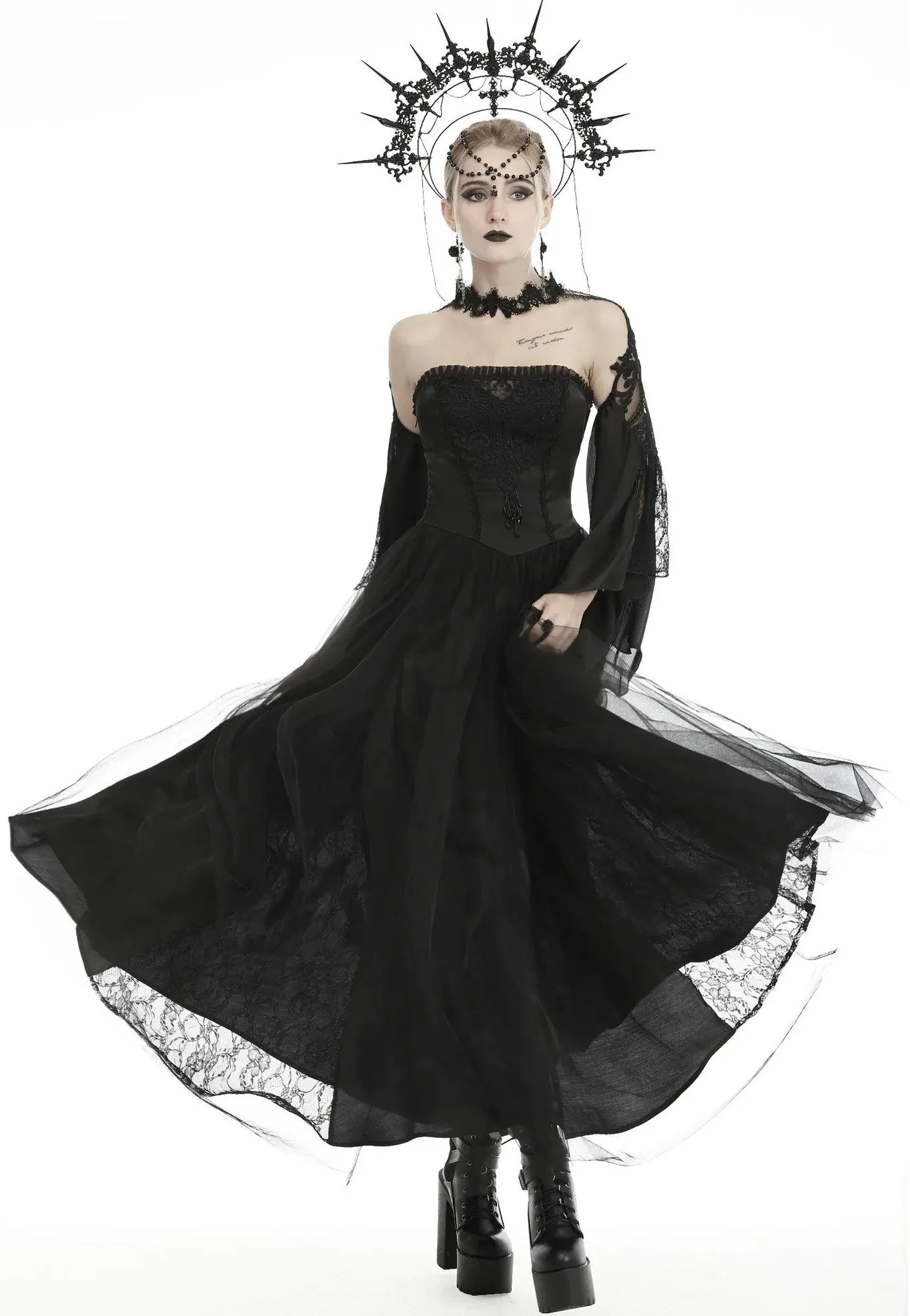 Dark In Love - Gorgeous Beaded Tulle Maxi Gothic Wedding Black - Dress