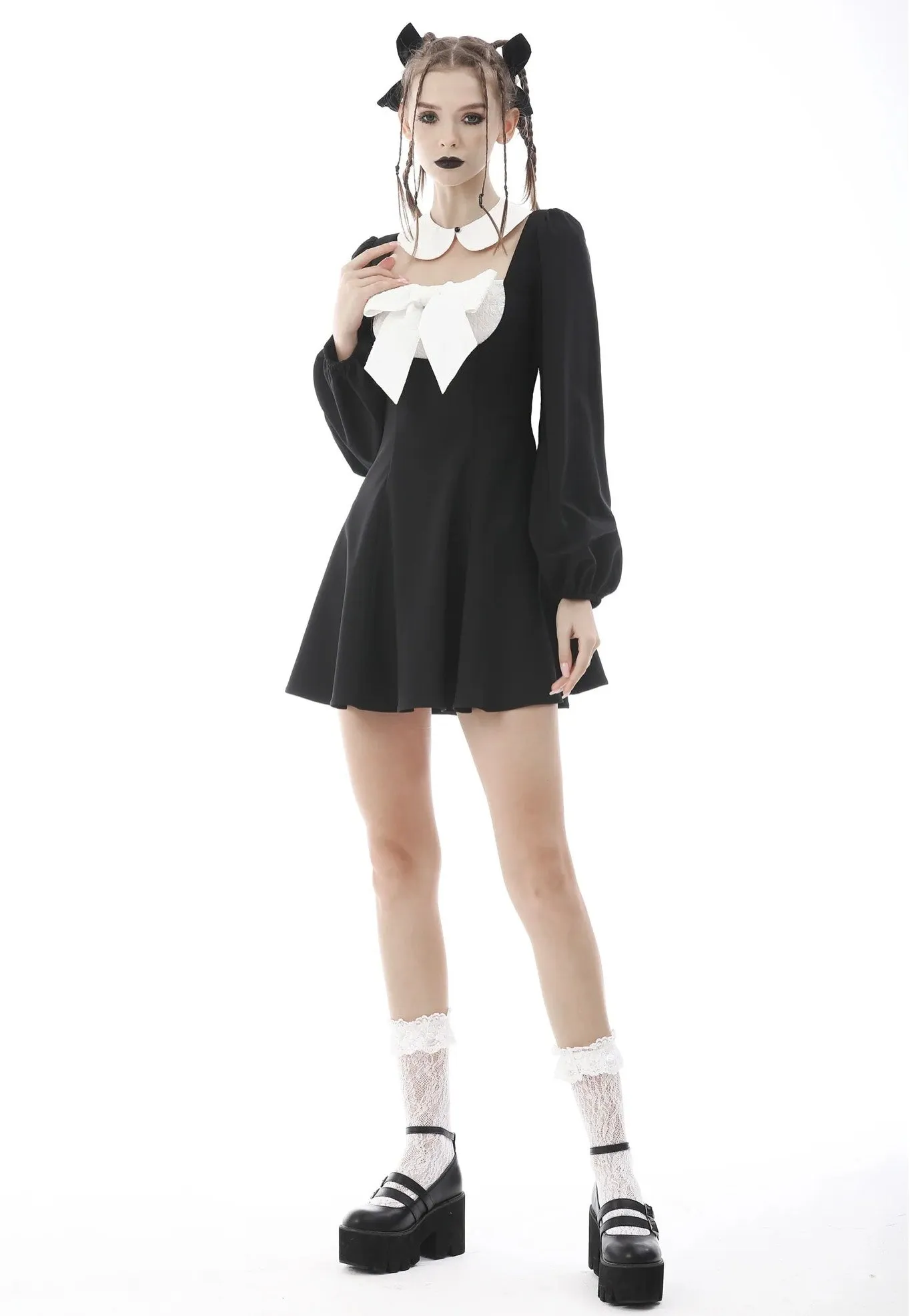 Dark In Love - Gothic Lolita Black White Super Bowknot Black - Dress