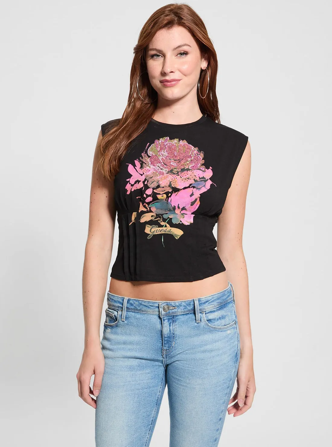 Eco Black Pigment Rose Corset T-Shirt Guess