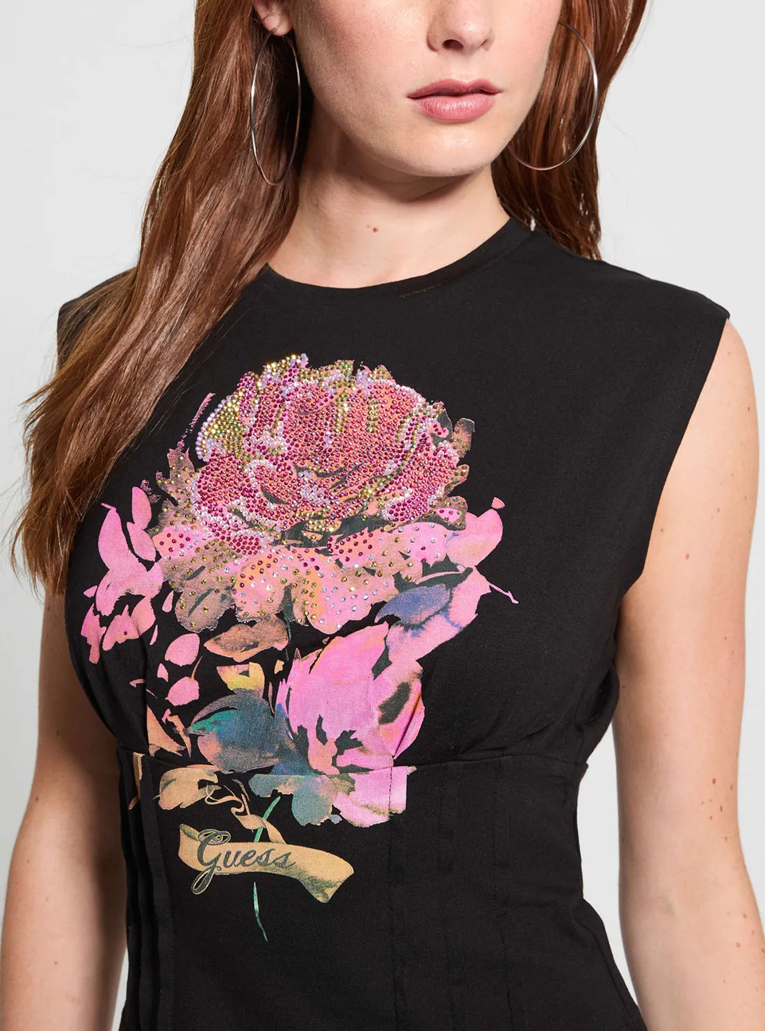 Eco Black Pigment Rose Corset T-Shirt Guess