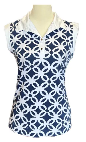 Emerald 18 Navy & White Floral Patterned Women's Sleeveless Golf Polo Size S