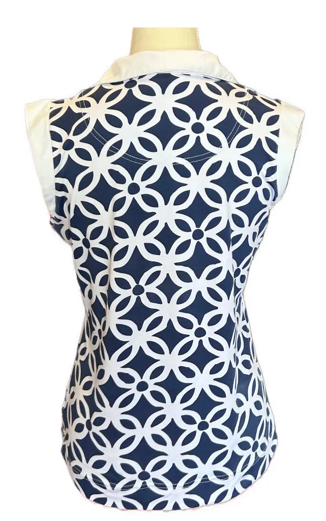 Emerald 18 Navy & White Floral Patterned Women's Sleeveless Golf Polo Size S