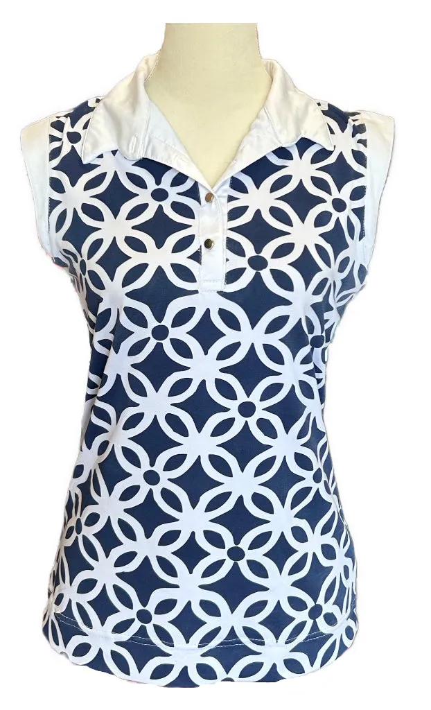 Emerald 18 Navy & White Floral Patterned Women's Sleeveless Golf Polo Size S