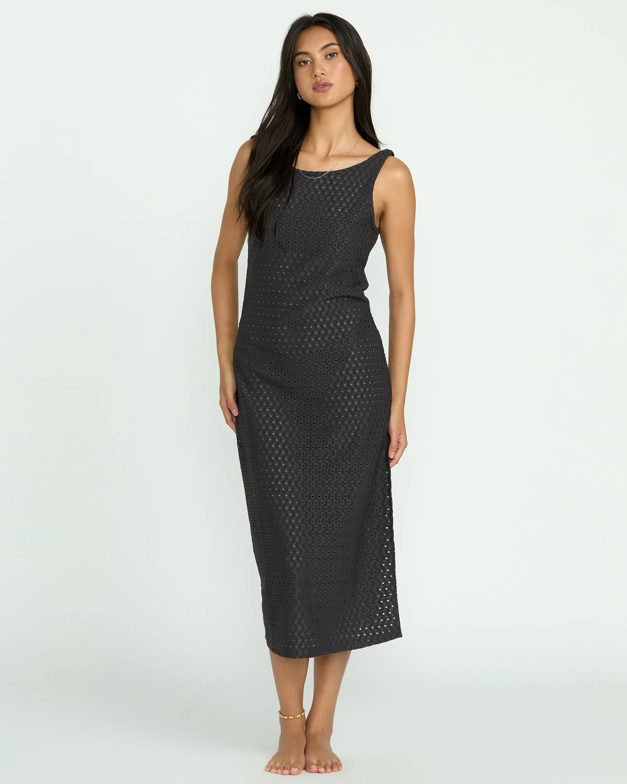 Eyelet Sun Midi Dress Beach Coverup - Off Black Billabong