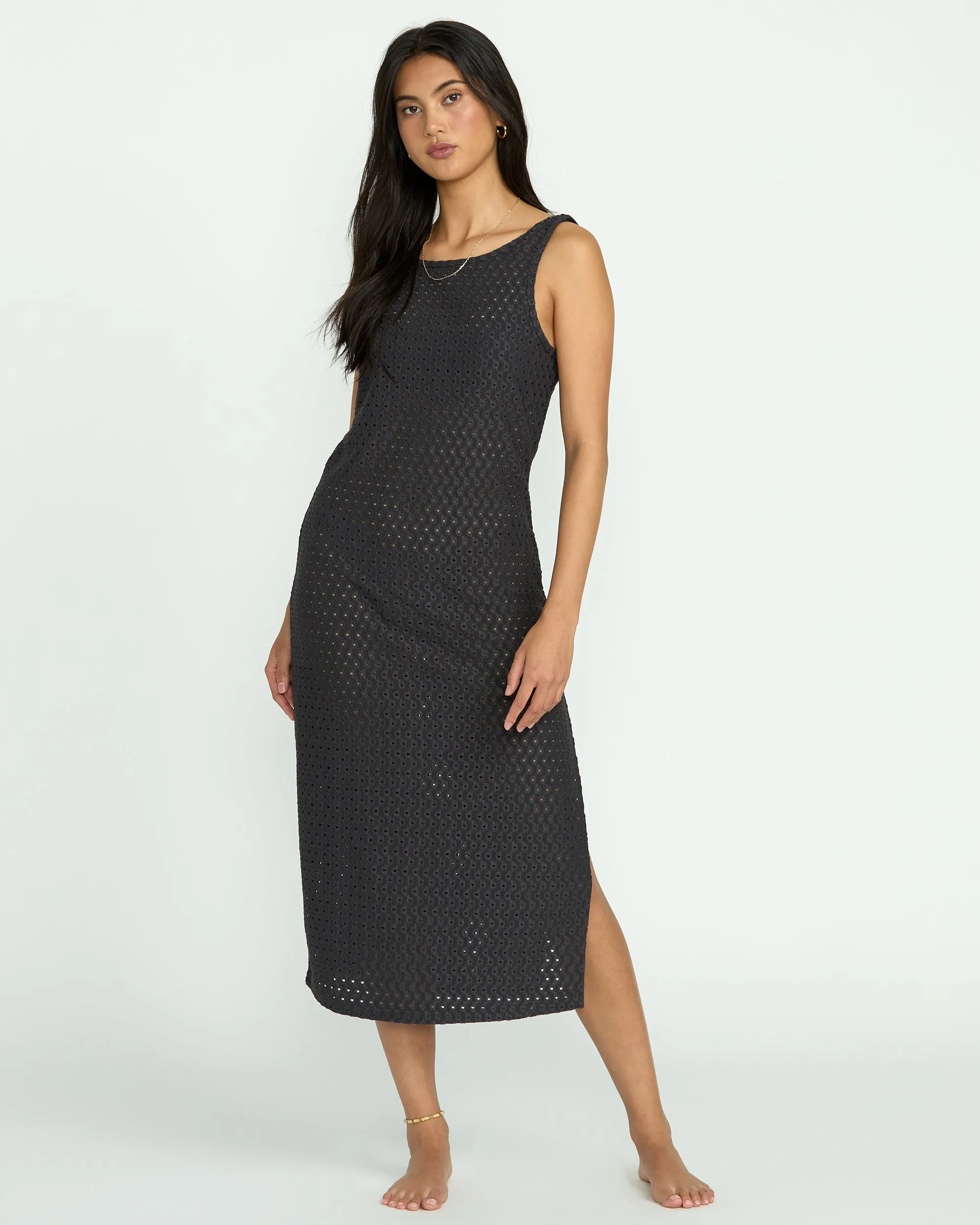 Eyelet Sun Midi Dress Beach Coverup - Off Black Billabong