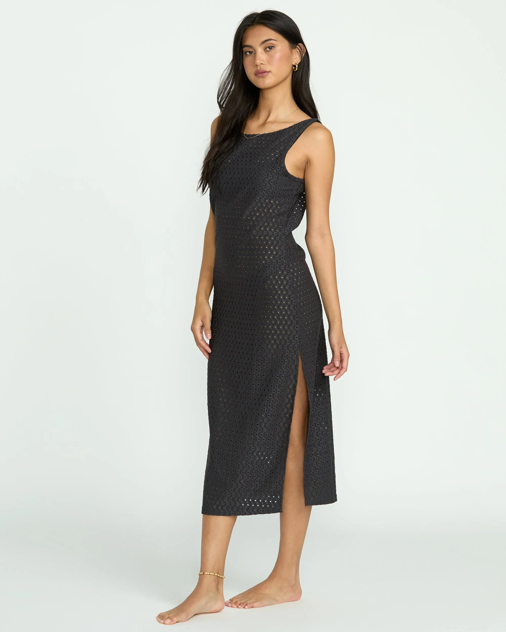 Eyelet Sun Midi Dress Beach Coverup - Off Black Billabong