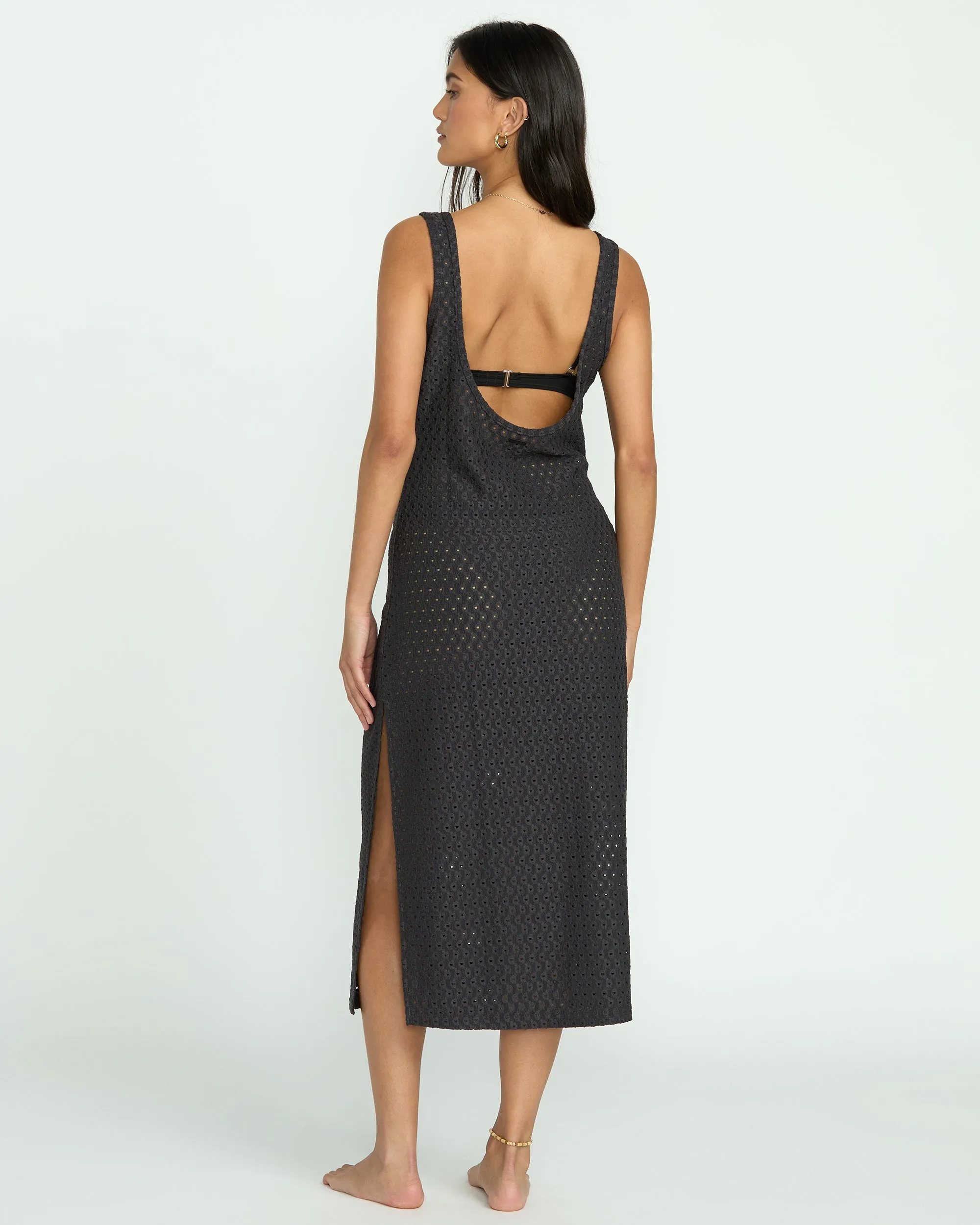 Eyelet Sun Midi Dress Beach Coverup - Off Black Billabong