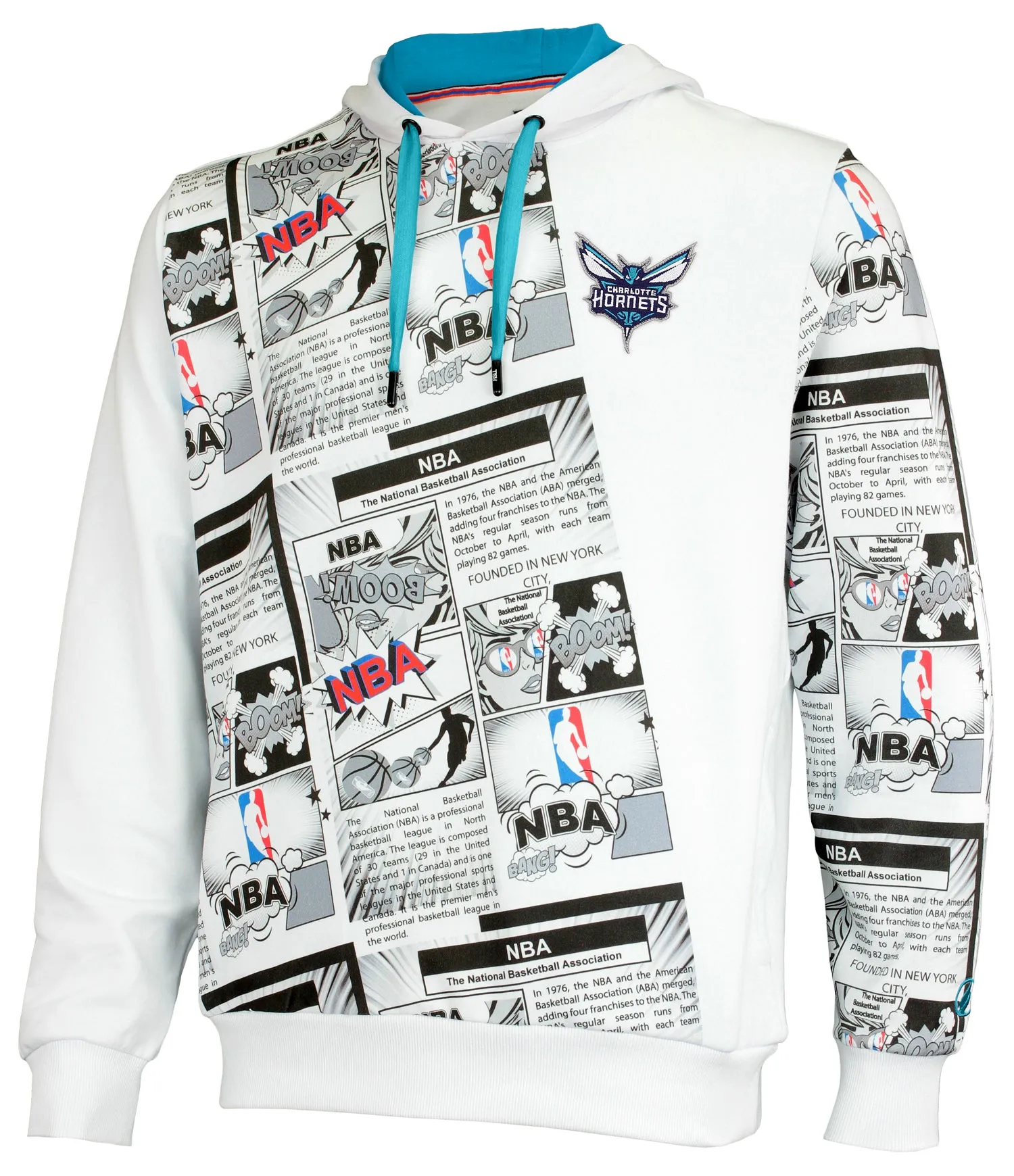 FISLL NBA Men's Charlotte Hornets Comic Book Newspaper Print Hoodie, White