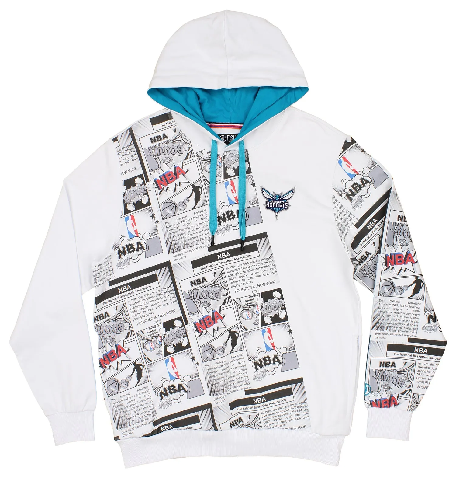 FISLL NBA Men's Charlotte Hornets Comic Book Newspaper Print Hoodie, White