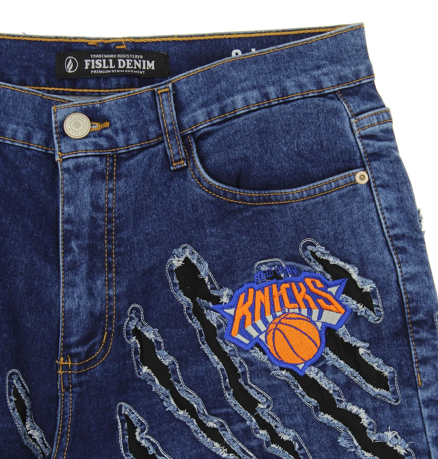 FISLL NBA Men's New York Knicks Jeans with Distressed Claw Marks