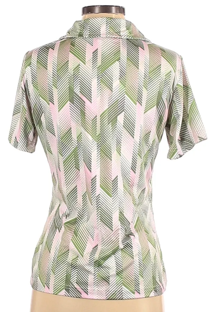 GGBlue Pink, White & Green Herringbone/Chevron Patterned Polo Size S. MSP$