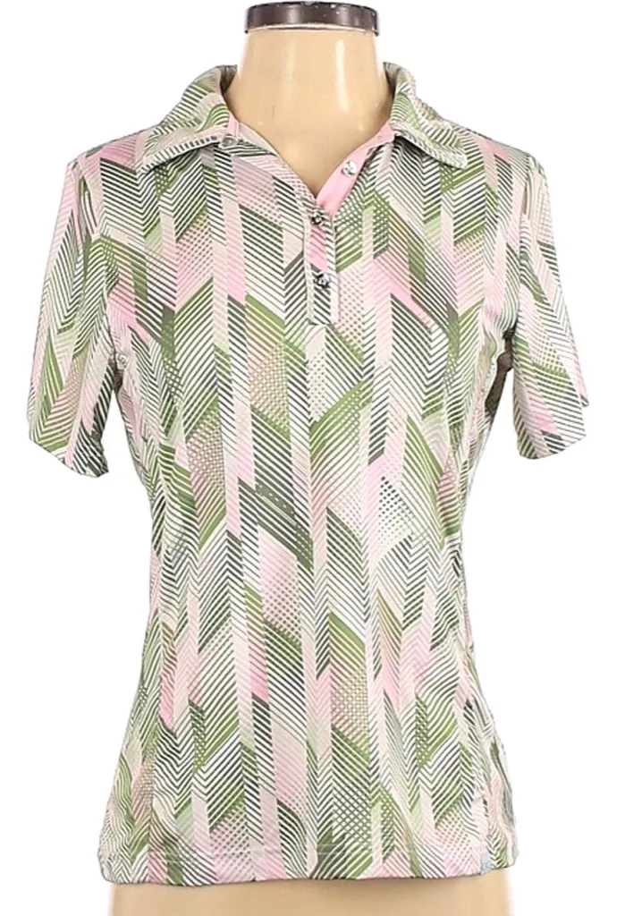 GGBlue Pink, White & Green Herringbone/Chevron Patterned Polo Size S. MSP$