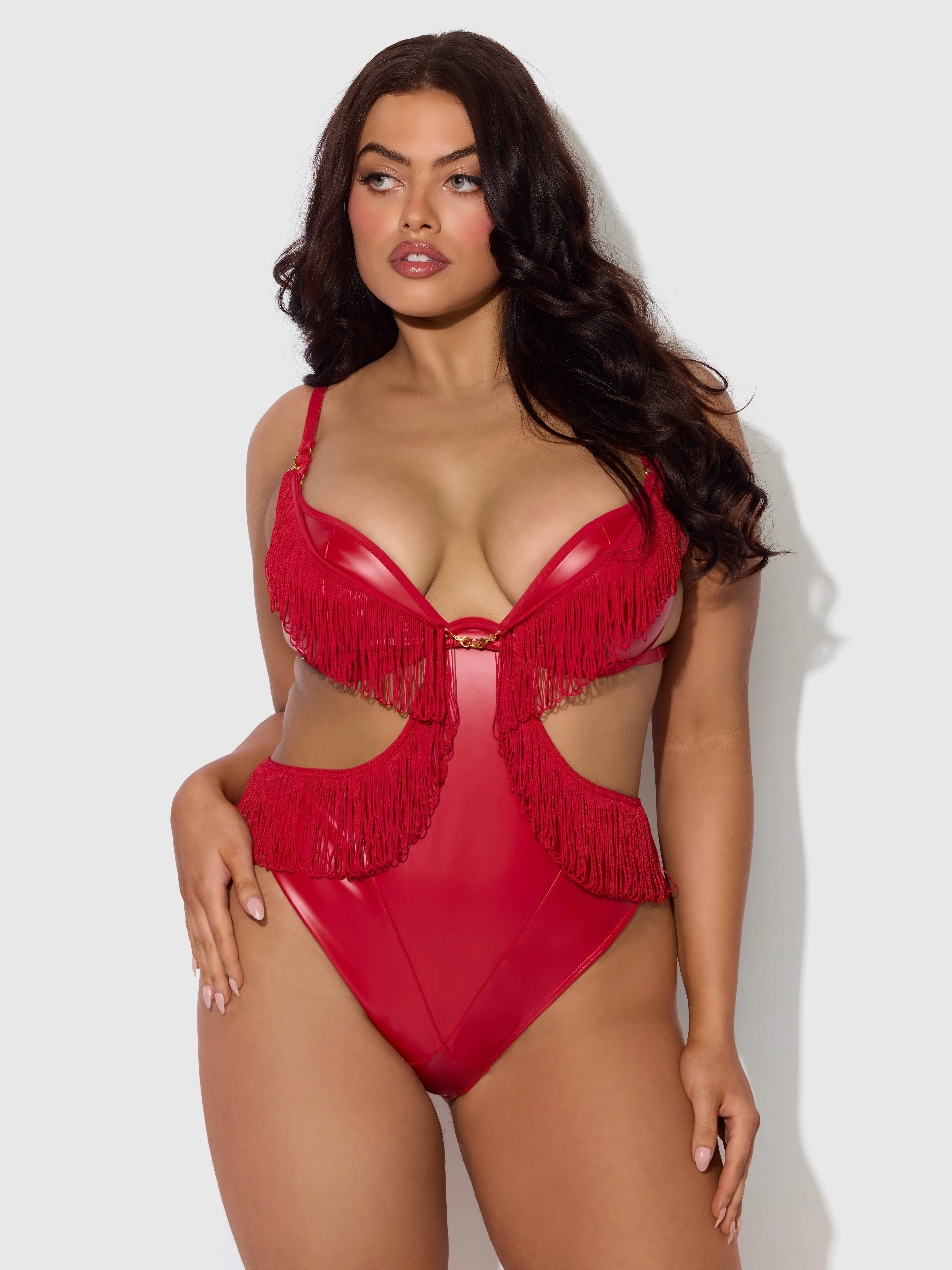 Hendrix Faux Leather & Fringe Crotchless Teddy by Frederick's of Hollywood