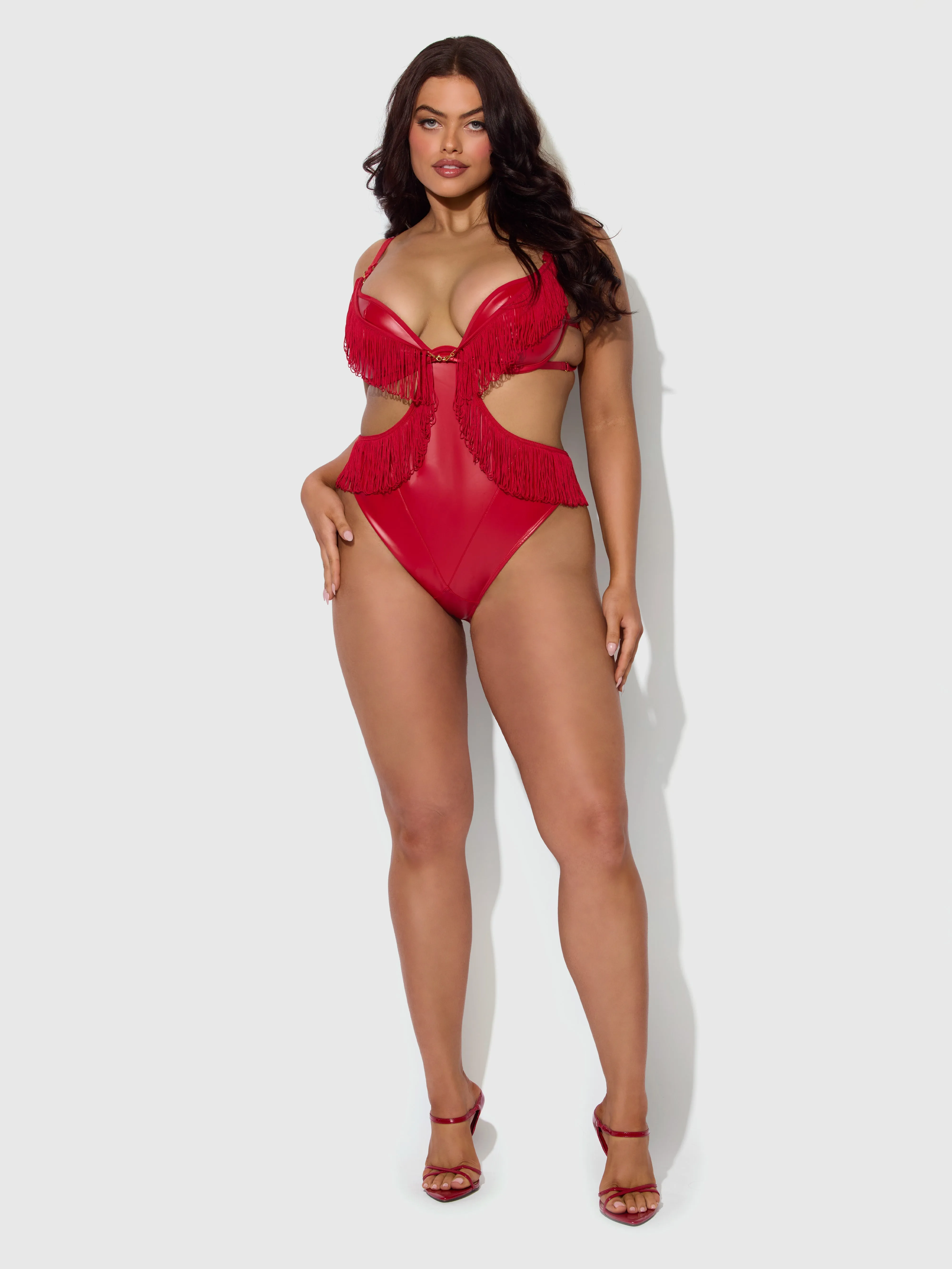 Hendrix Faux Leather & Fringe Crotchless Teddy by Frederick's of Hollywood