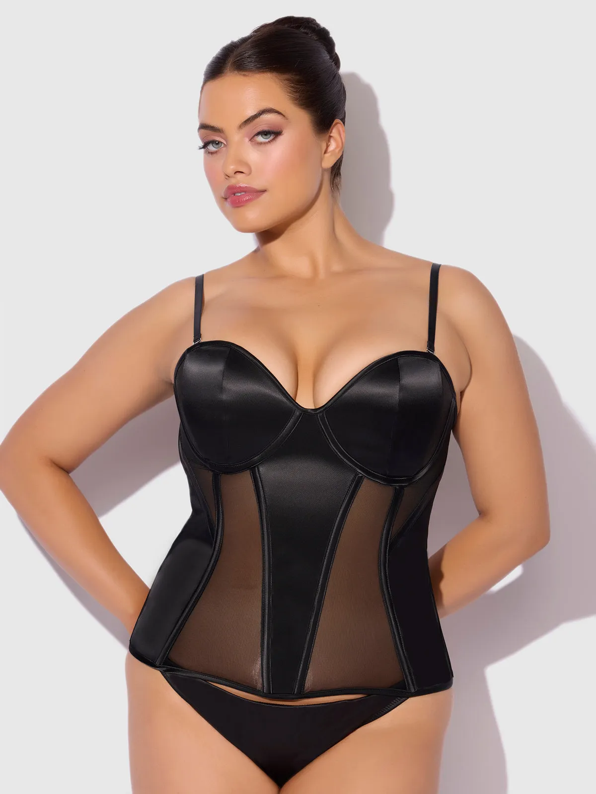 Iconic Plunge Satin & Mesh Corset by Frederick's of Hollywood