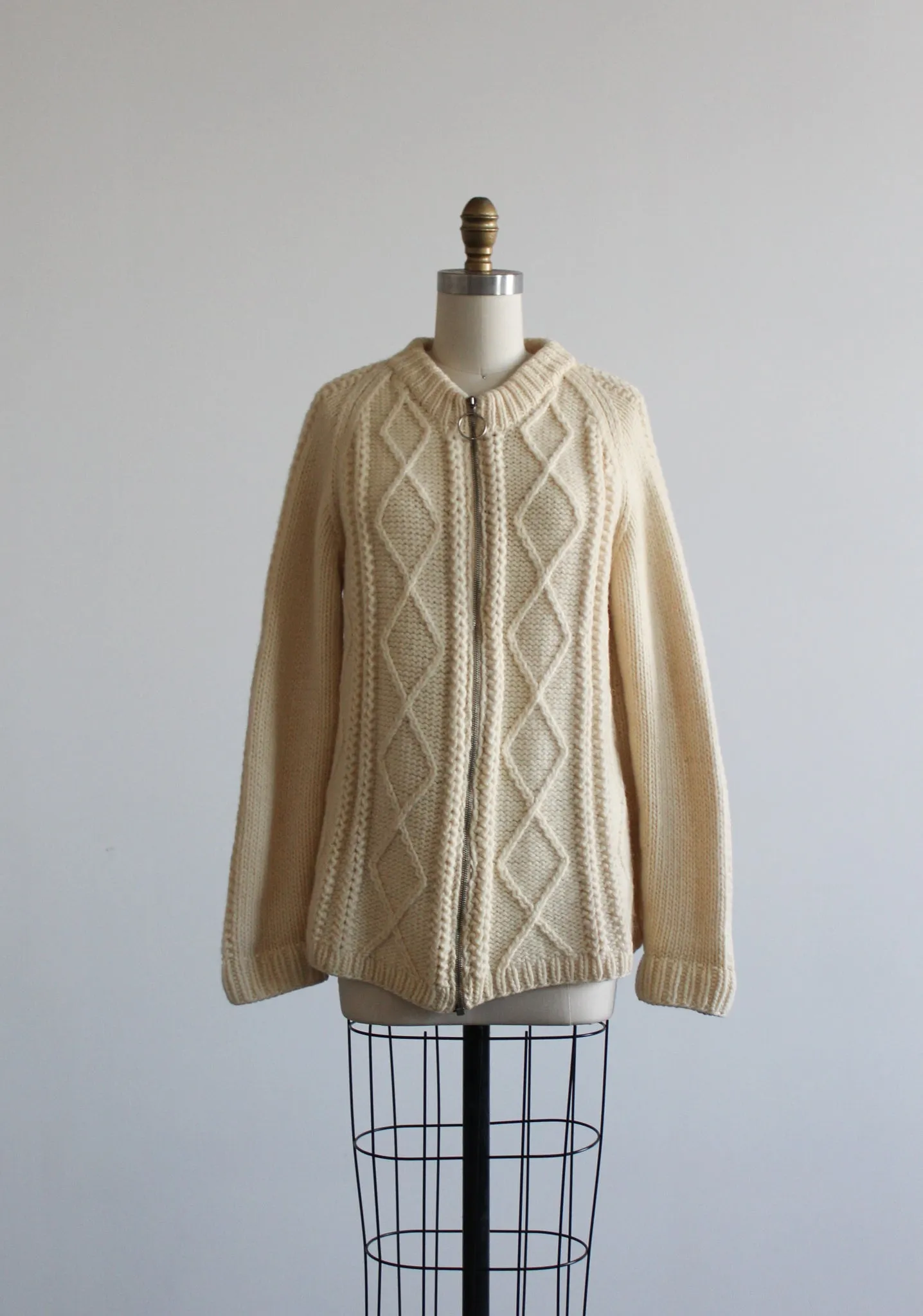 ivory wool zip-front fisherman sweater 1919 Vintage