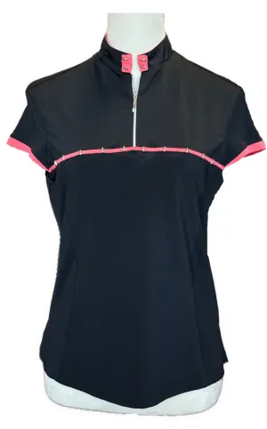Jamie Sadock Women's Zip Mock Neck Black Cap Sleeve Golf Top w/Coral Trim Size S MSP$89