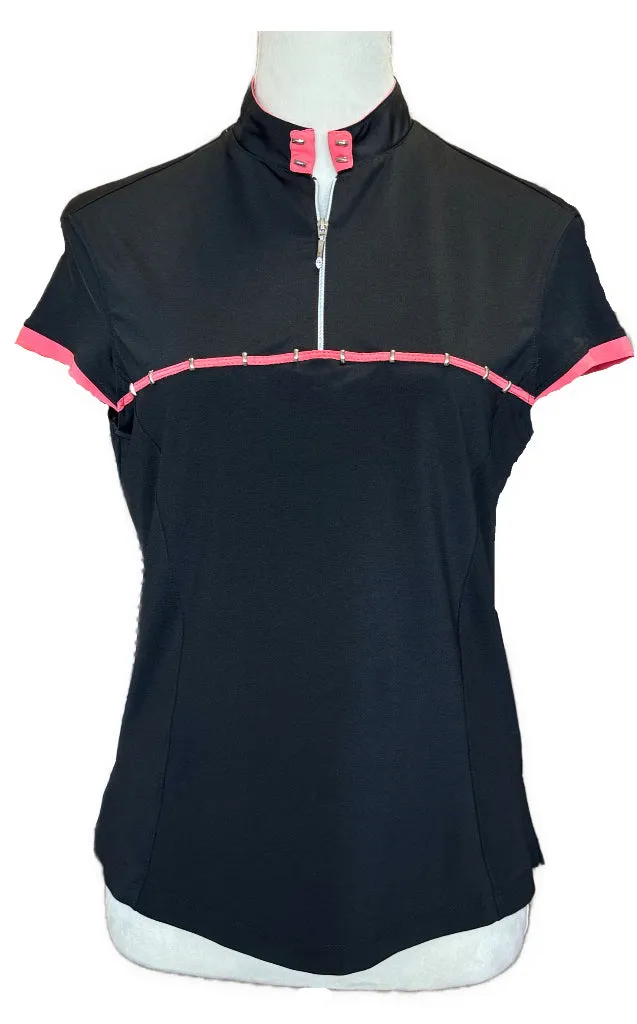 Jamie Sadock Women's Zip Mock Neck Black Cap Sleeve Golf Top w/Coral Trim Size S MSP$89
