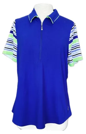 Jofit Blue Golf Top with Striped Sleeves in White/Lime/Black Size XL MSP$90