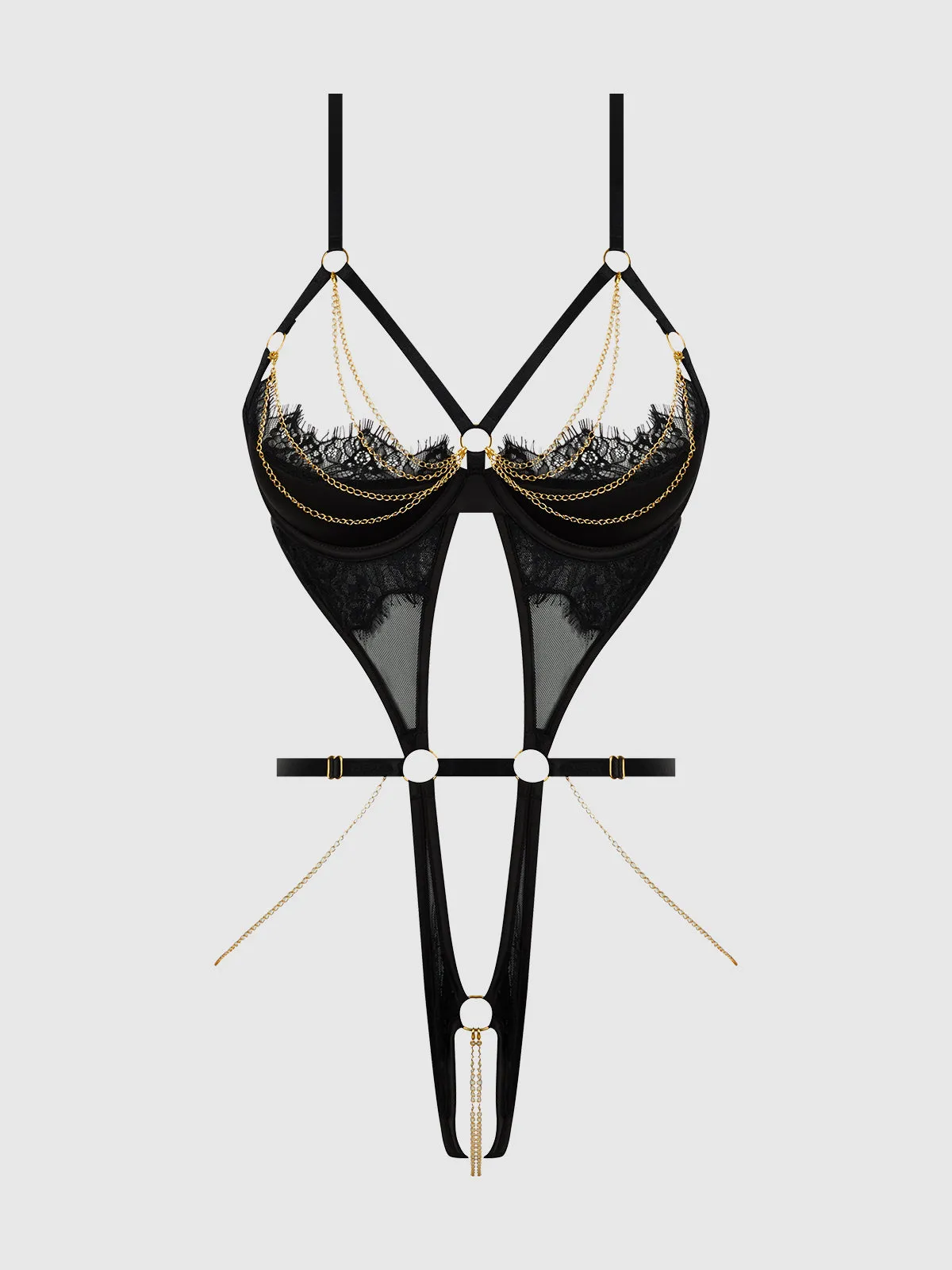 Maeve Chain & Lace Open Cup & Crotchless Harness Teddy by Frederick's of Hollywood