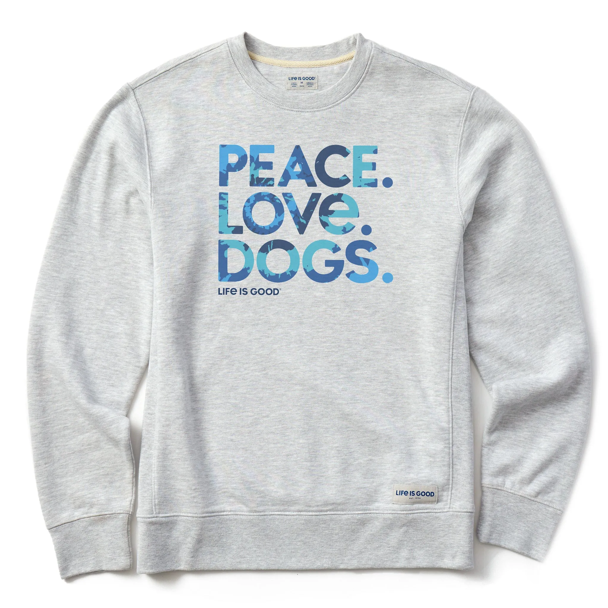 Men's Tie Dye Peace Love Dogs Simply True Fleece Crew LIFE IS GOOD