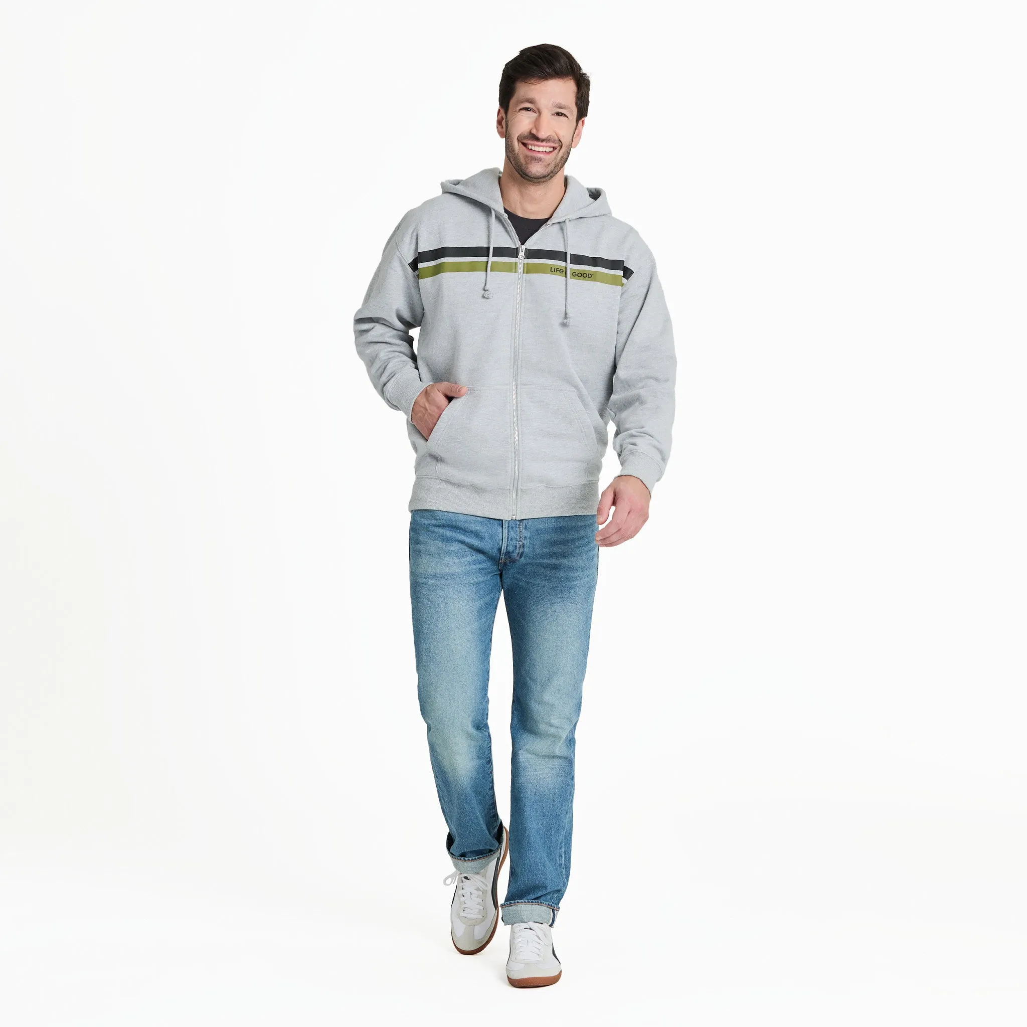 Men's Two Stripe Block Good Vibes Fleece Zip Hoodie LIFE IS GOOD