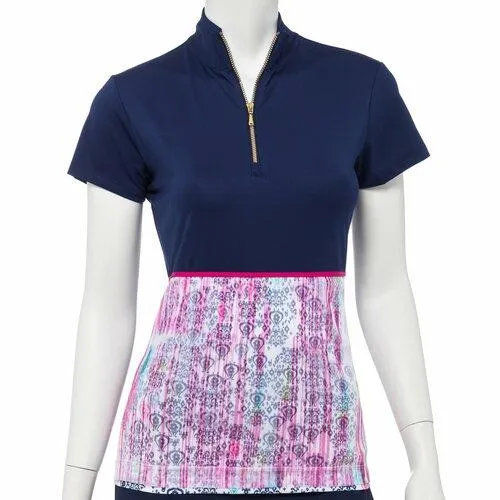 New EPNY Cap Sleeve Fade Scroll Print Mesh Overlay Zip Mock w/ Logo Size S  MSP$73