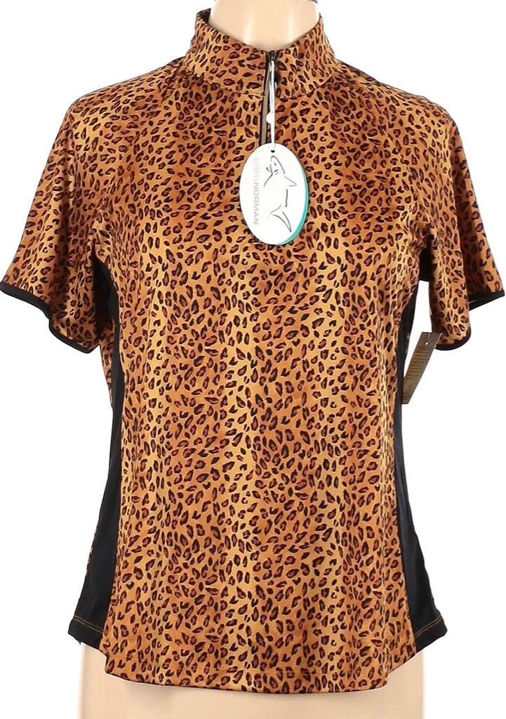 NEW Greg Norman Women's 1/4 Zip Cheetah Print Short Sleeve Golf Polo Size L MSP$69