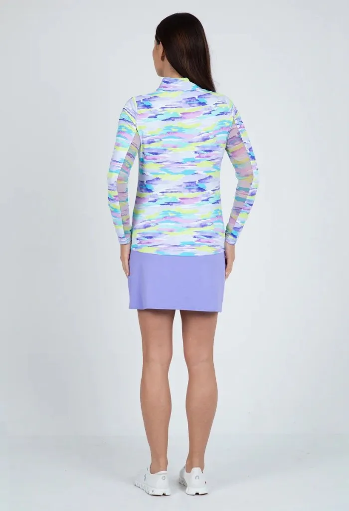 New Ibkul Jessie Print Long Sleeve Zip Mock Golf Sun Shirt - Plum