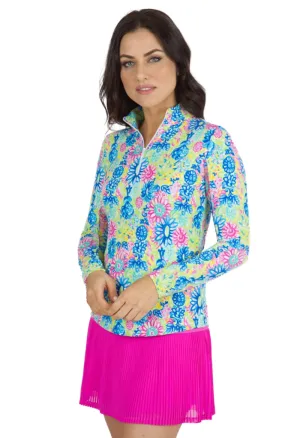 New Ibkul Lilli Print Long Sleeve Mock Neck Golf Top - Hot Pink Multi MSP$100