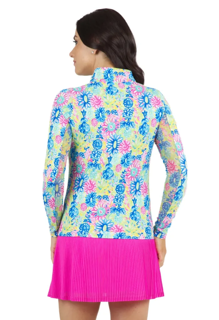 New Ibkul Lilli Print Long Sleeve Mock Neck Golf Top - Hot Pink Multi MSP$100