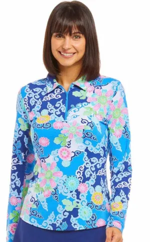 New Ibkul Long Sleeve Gia Blue Floral Sun-Shirt Size XS  MSP$96