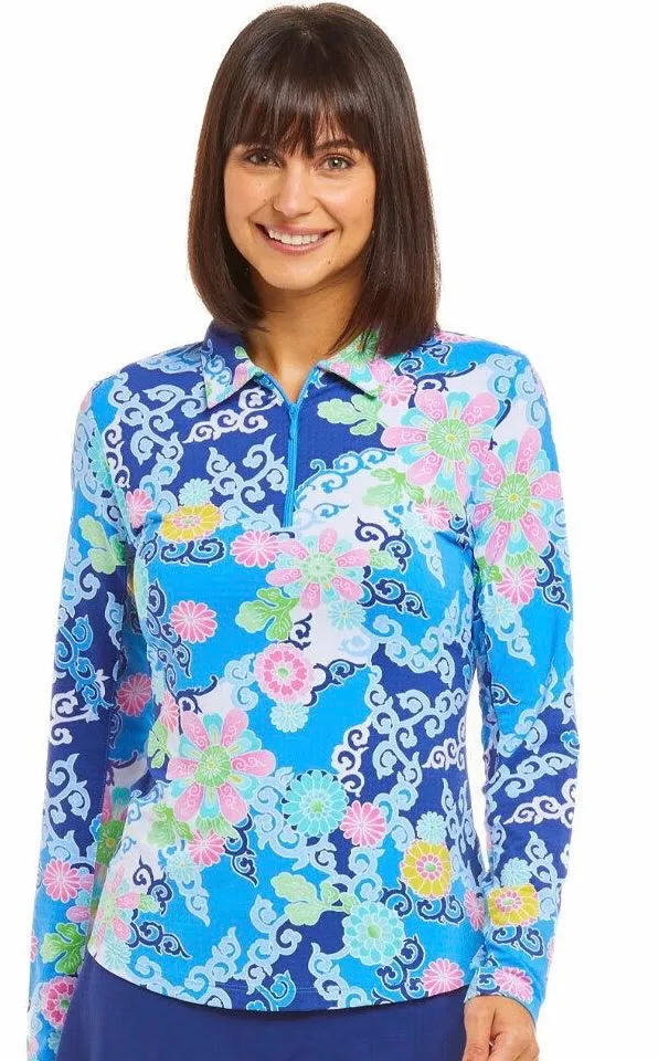 New Ibkul Long Sleeve Gia Blue Floral Sun-Shirt Size XS  MSP$96