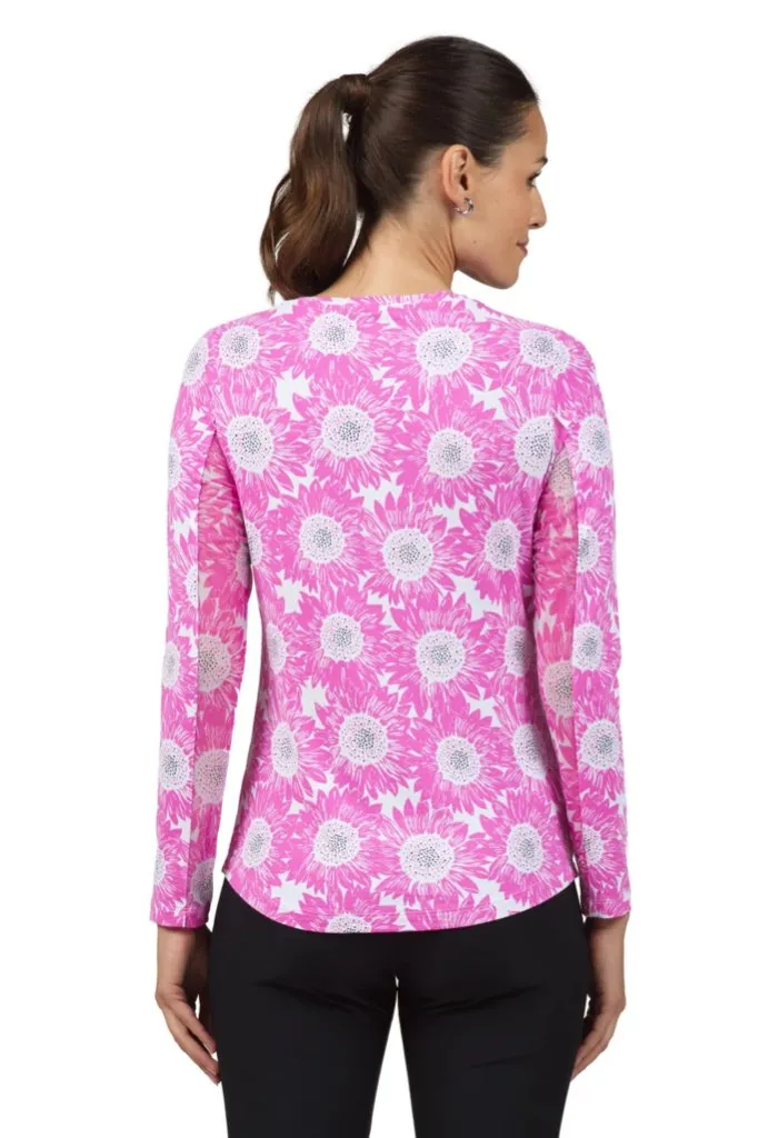 New Ibkul Ruthie Print Long Sleeve Crew Neck Sun Shirt- Pink  Size S. MSP$98