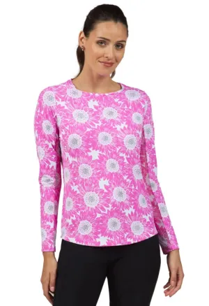 New Ibkul Ruthie Print Long Sleeve Crew Neck Sun Shirt- Pink  Size S. MSP$98
