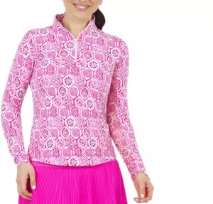 New Ibkul Terra Print Long Sleeve Mock Golf Shirt - Pink Size XXL MSP$98