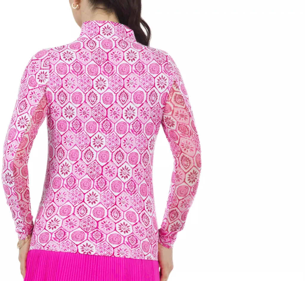 New Ibkul Terra Print Long Sleeve Mock Golf Shirt - Pink Size XXL MSP$98