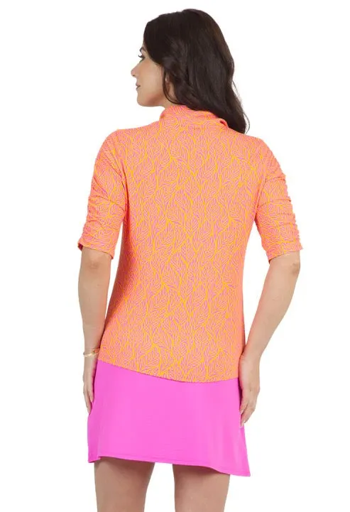 New Ibkul Women's Orange Peel and Hot Pink Sally Print Ruched Golf Top  Size S MSP$98