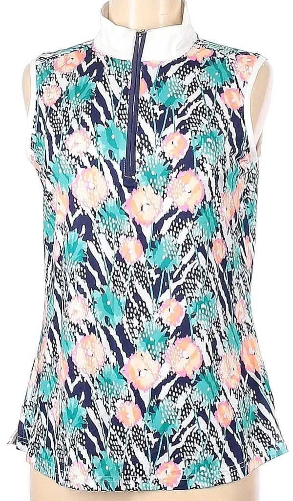 New Pebble Beach Floral Sleeveless Golf Polo in Navy, Green & Pink Size L MSP$50