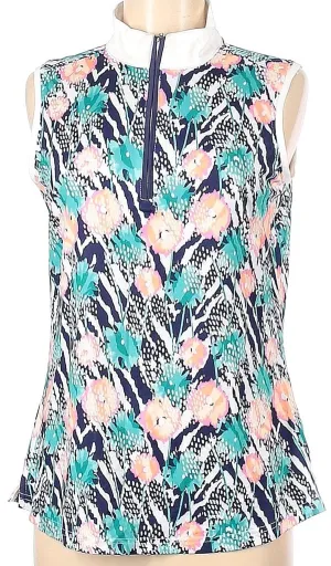 New Pebble Beach Floral Sleeveless Golf Polo in Navy, Green & Pink Size L MSP$50